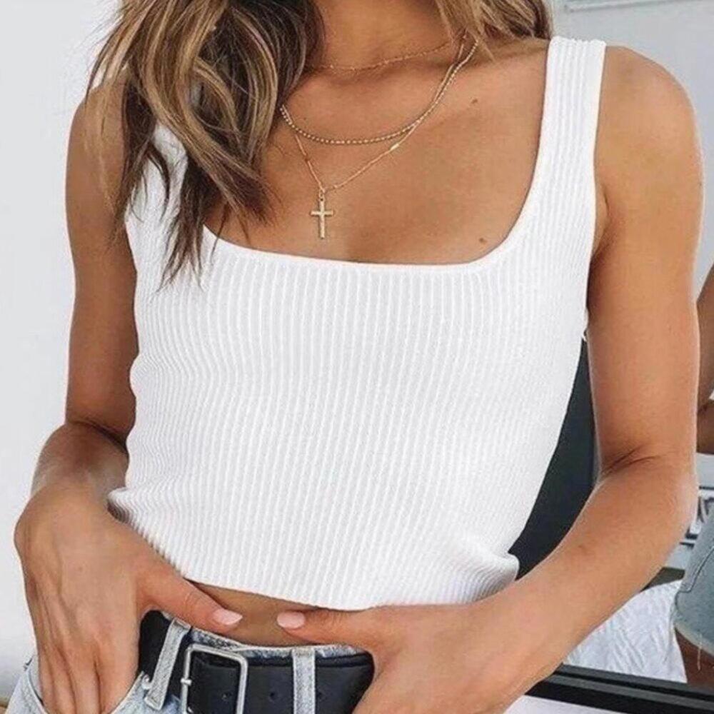 Princess Polly Amazonite Ribbed Square Neck Crop Tank XS/S White